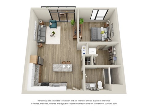 Floor plan for 1 bed, 1 bath, 738 sqft